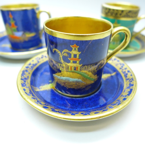 2023 - Five Art Deco circa. 1920s Carlton Ware lustre coffee cups and saucers, various oriental designs and... 