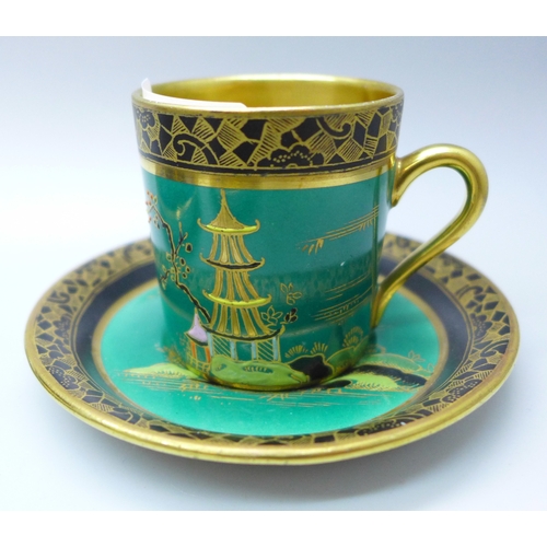 2023 - Five Art Deco circa. 1920s Carlton Ware lustre coffee cups and saucers, various oriental designs and... 