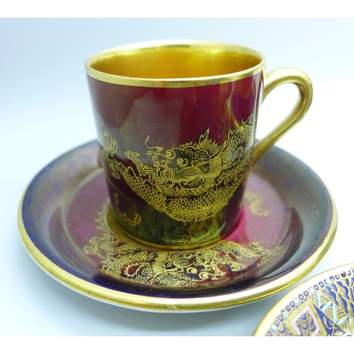 2023 - Five Art Deco circa. 1920s Carlton Ware lustre coffee cups and saucers, various oriental designs and... 