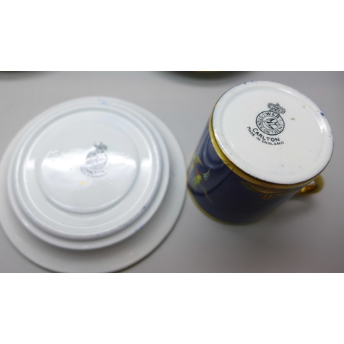 2023 - Five Art Deco circa. 1920s Carlton Ware lustre coffee cups and saucers, various oriental designs and... 