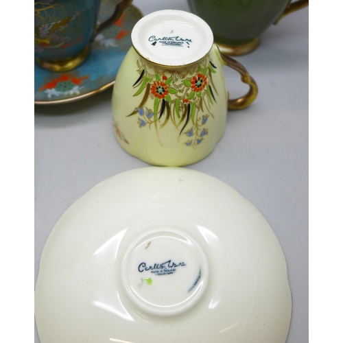 2026 - Two pairs of Art Deco Carlton Ware lustre coffee cups and saucers including two Spider's Web pattern... 