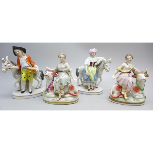 2030 - A collection of four miniature porcelain figures with Sitzendorf mark, (3 a/f)