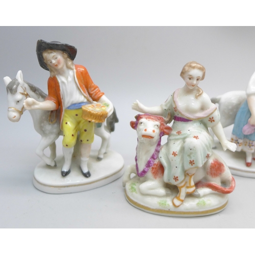 2030 - A collection of four miniature porcelain figures with Sitzendorf mark, (3 a/f)