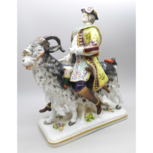 2032 - A Ludwigsburg continental porcelain figure of a gentleman seated on a goat, a/f, 19.5cm