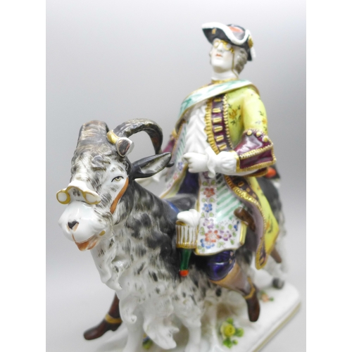 2032 - A Ludwigsburg continental porcelain figure of a gentleman seated on a goat, a/f, 19.5cm