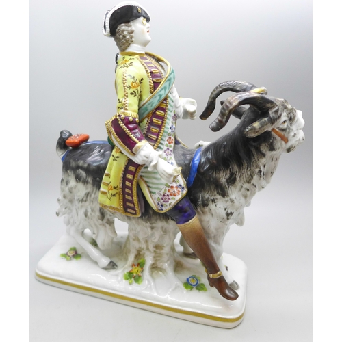 2032 - A Ludwigsburg continental porcelain figure of a gentleman seated on a goat, a/f, 19.5cm