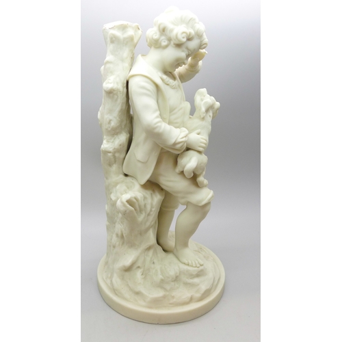 2033 - A Copeland bisque figure of a boy with dog, a/f, 21cm