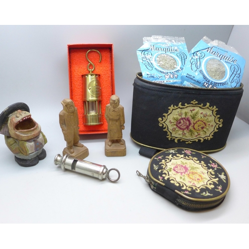 2036 - A small miners lamp marked ‘Sir Humphry Davy 1778-1829’, three carved wooden figures, embroidered ca... 