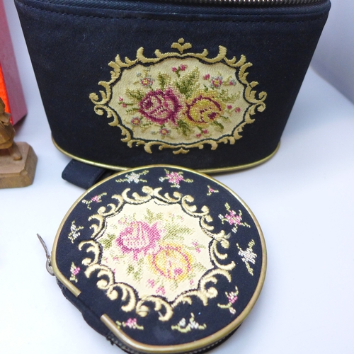 2036 - A small miners lamp marked ‘Sir Humphry Davy 1778-1829’, three carved wooden figures, embroidered ca... 