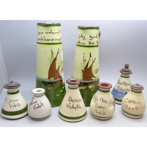 2038 - Four Devon Violets pottery scent bottles, one marked Cornish Violets, one marked Blackpool Breezes a... 