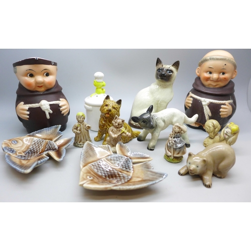 2046 - A Beswick cat figure, a pair of Wade small fish dishes, Wade dog, other Whimsies and West Germany Go... 