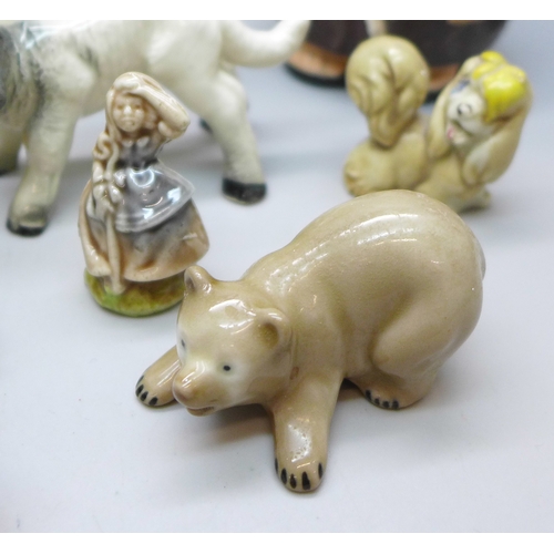 2046 - A Beswick cat figure, a pair of Wade small fish dishes, Wade dog, other Whimsies and West Germany Go... 