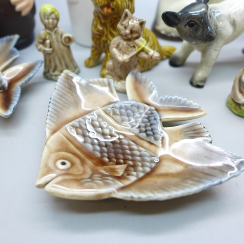 2046 - A Beswick cat figure, a pair of Wade small fish dishes, Wade dog, other Whimsies and West Germany Go... 