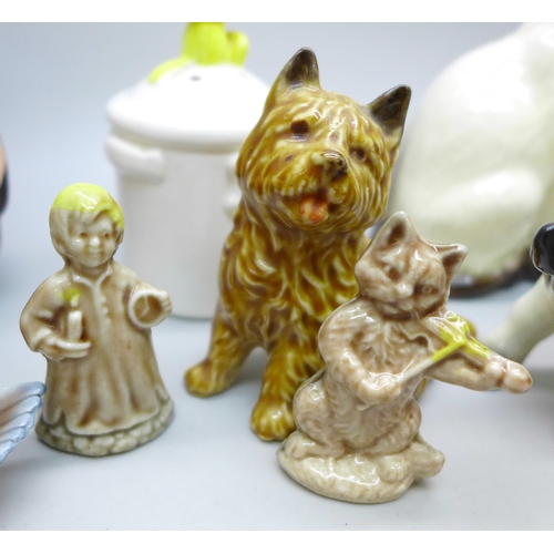 2046 - A Beswick cat figure, a pair of Wade small fish dishes, Wade dog, other Whimsies and West Germany Go... 