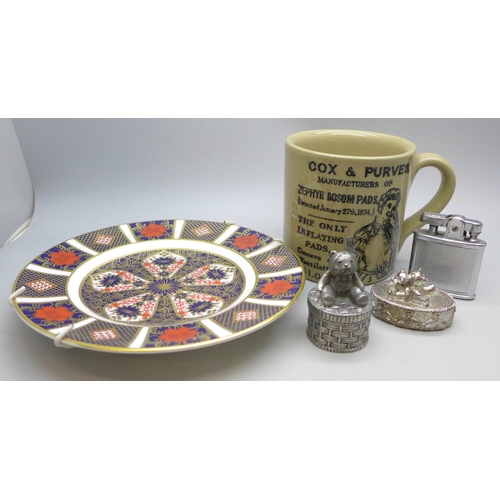 2049 - A Royal Crown Derby 1128 Old Imari plate, a pair of christening trinket boxes, a Ronson lighter and ... 
