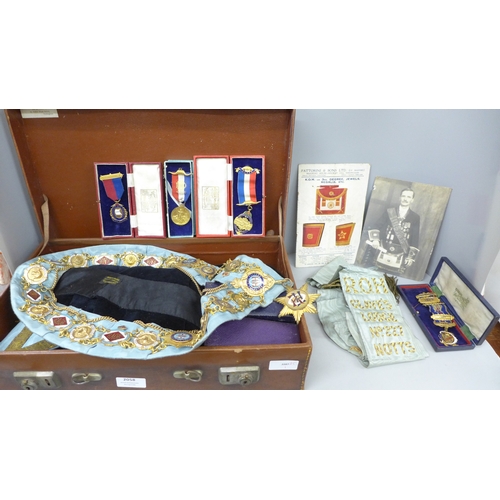 2058 - A collection of Royal Antediluvian Order of Buffaloes (RAOB) items to include sash, medals, arm cuff... 