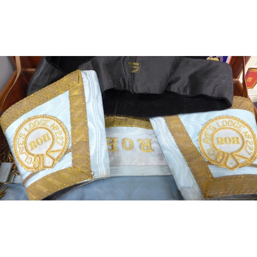 2058 - A collection of Royal Antediluvian Order of Buffaloes (RAOB) items to include sash, medals, arm cuff... 