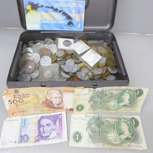 2061 - Coins; a money box of assorted world coins and some banknotes
