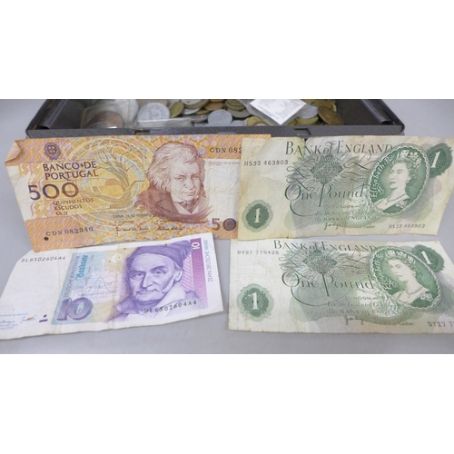 2061 - Coins; a money box of assorted world coins and some banknotes