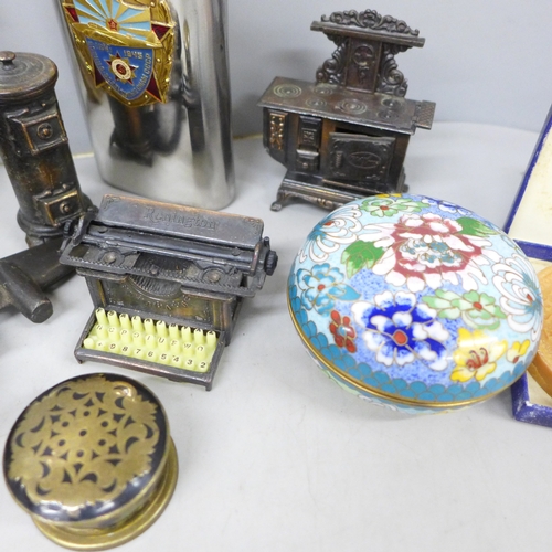 2066 - A cloisonné lidded pot, novelty pencil sharpeners, a mother of Pearl crucifix marked Bethlehem, a Ru... 