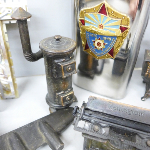 2066 - A cloisonné lidded pot, novelty pencil sharpeners, a mother of Pearl crucifix marked Bethlehem, a Ru... 