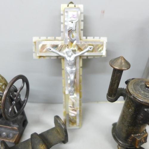 2066 - A cloisonné lidded pot, novelty pencil sharpeners, a mother of Pearl crucifix marked Bethlehem, a Ru... 