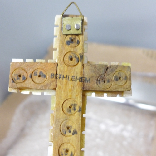 2066 - A cloisonné lidded pot, novelty pencil sharpeners, a mother of Pearl crucifix marked Bethlehem, a Ru... 