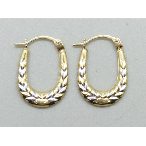 7186 - A 9ct white and yellow gold two-tone hoop earrings, 0.4g, 1.7cm