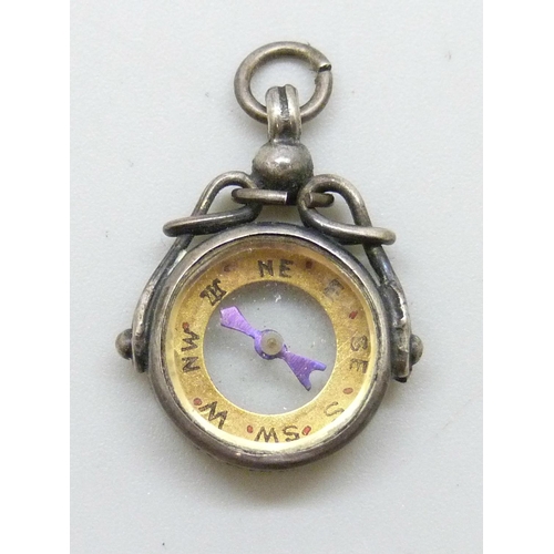 7187 - A hallmarked silver compass fob or charm, Birmingham, 1910, 2.5cm including bale