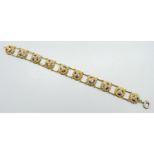 7191 - A Scandinavian style silver gilt bracelet with blue enamel panels, control marks to clasp and loop, ... 