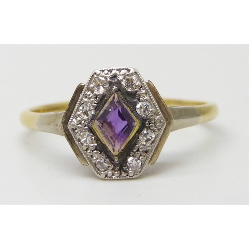 7205 - An Art Deco 18ct gold, amethyst and diamond ring, 2.8g, S