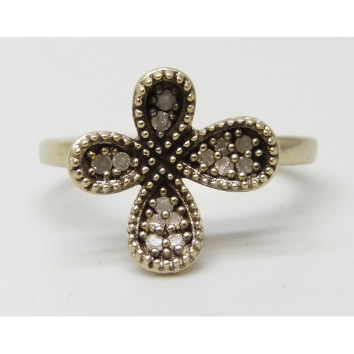 7215 - A Gemporia silver gilt diamond set four leaf clover style ring, N/O