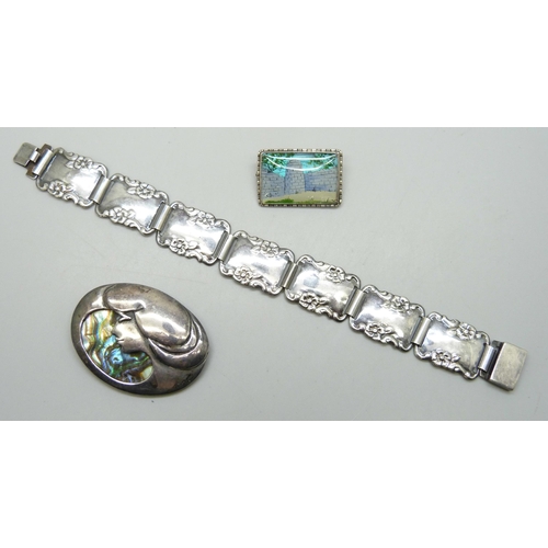 7216 - An Art Nouveau style silver brooch and bracelet, 18.5cm, and a Thomas Mott butterfly wing silver bro... 