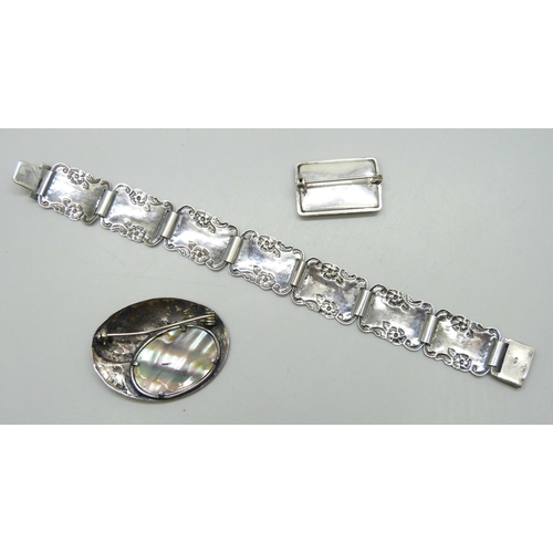 7216 - An Art Nouveau style silver brooch and bracelet, 18.5cm, and a Thomas Mott butterfly wing silver bro... 