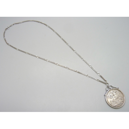 7219 - An 1889 Victorian crown in a white metal mount, on a silver figaro chain, 43g total weight