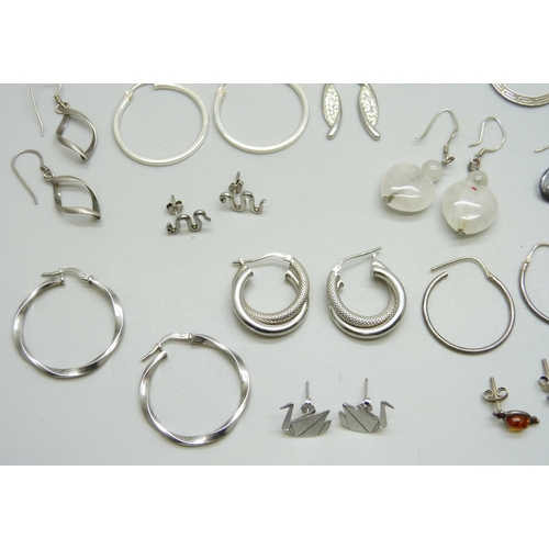 7225 - Seventeen pairs of silver earrings, two pairs of white metal earrings, and six pairs of plated earri... 
