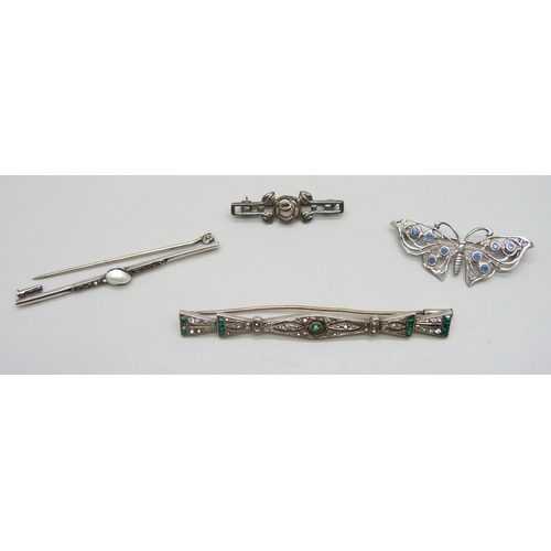 7226 - A circa 1920s/30s Art Deco paste set bar brooch with Continental control mark, 7.6cm, another Art De... 