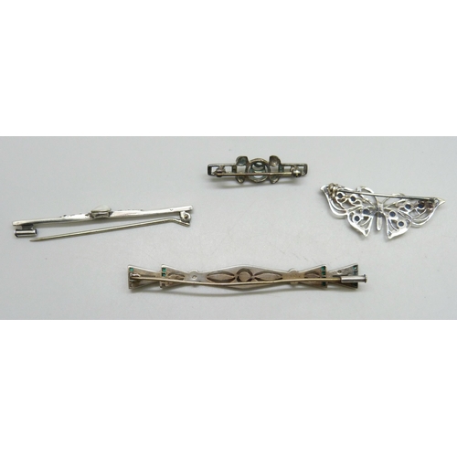7226 - A circa 1920s/30s Art Deco paste set bar brooch with Continental control mark, 7.6cm, another Art De... 