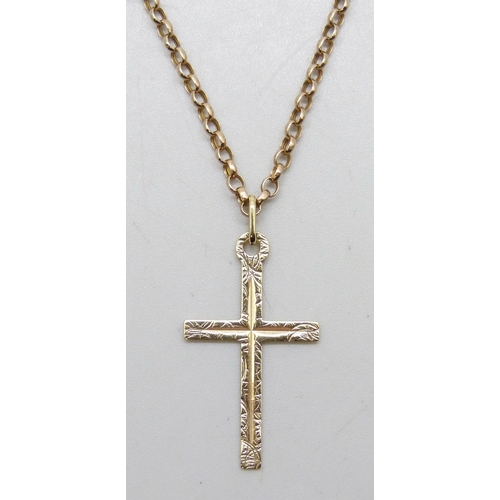 7232 - A long 9ct gold belcher chain, 64cm, with a 9ct gold cross pendant, 3.3cm including bale, 3.1g total... 