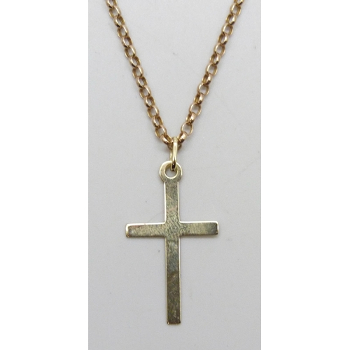 7232 - A long 9ct gold belcher chain, 64cm, with a 9ct gold cross pendant, 3.3cm including bale, 3.1g total... 