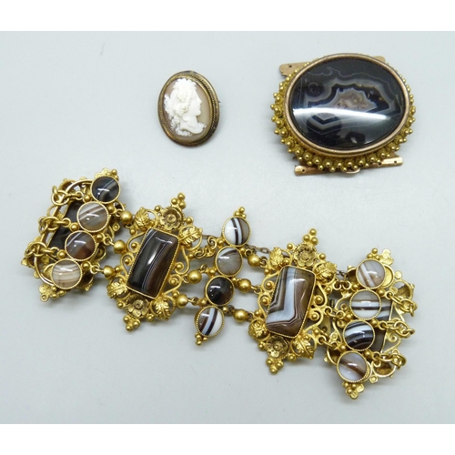 7234 - A Victorian gilt agate set panel bracelet, 4.5cm wide, together with a gilt Victorian buckle, 4.6cm,... 