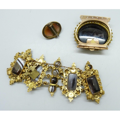 7234 - A Victorian gilt agate set panel bracelet, 4.5cm wide, together with a gilt Victorian buckle, 4.6cm,... 