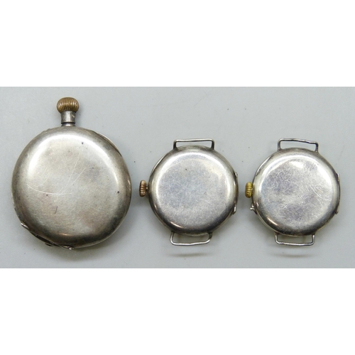 7280 - Two silver cased trench watches with import marks, and a .935 silver and enamel fob watch, a/f