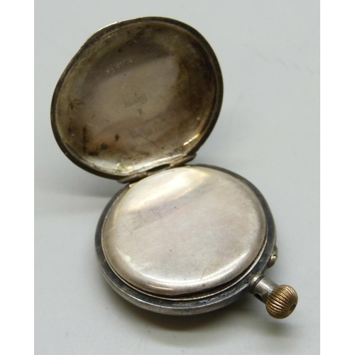 7280 - Two silver cased trench watches with import marks, and a .935 silver and enamel fob watch, a/f