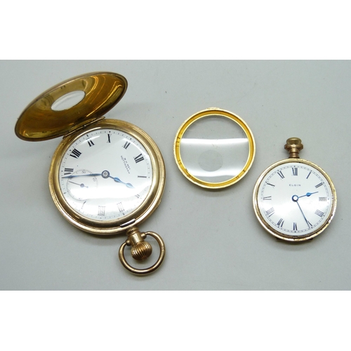 7283 - Two gold plated watches, a fob watch, and a half hunter pocket watch with enamel numerals