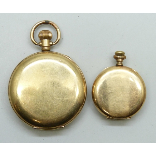 7283 - Two gold plated watches, a fob watch, and a half hunter pocket watch with enamel numerals