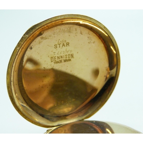 7283 - Two gold plated watches, a fob watch, and a half hunter pocket watch with enamel numerals