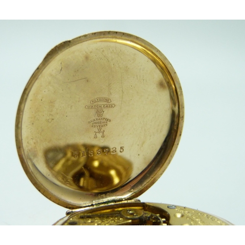 7283 - Two gold plated watches, a fob watch, and a half hunter pocket watch with enamel numerals