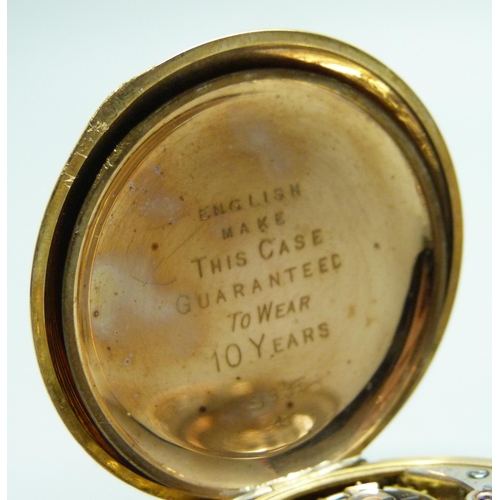 7283 - Two gold plated watches, a fob watch, and a half hunter pocket watch with enamel numerals