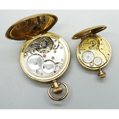 7283 - Two gold plated watches, a fob watch, and a half hunter pocket watch with enamel numerals